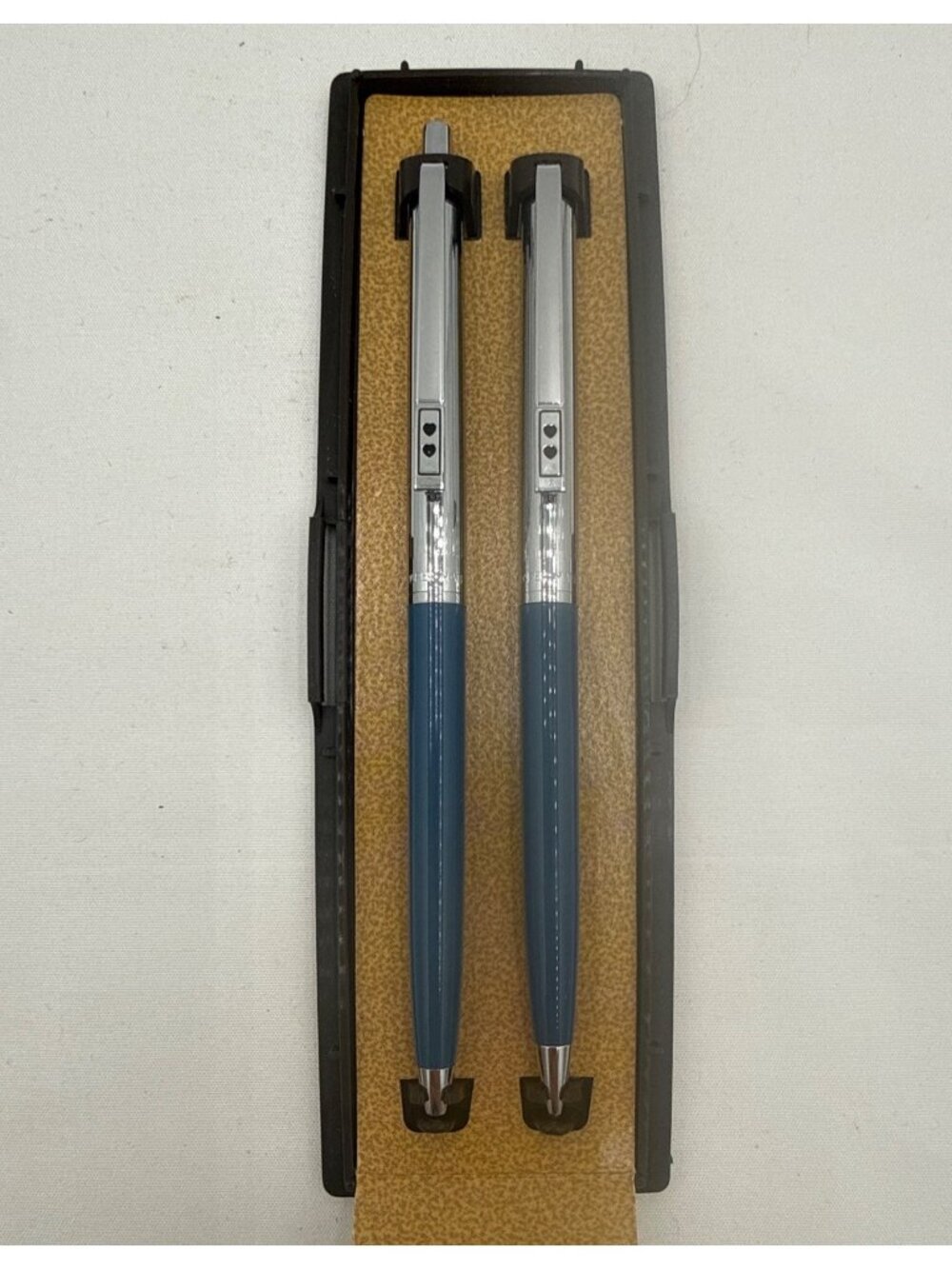 Vtg Paper Mate Double Heart Ballpoint Pen/Pencil Set Blue Barrels & Chrome Trim